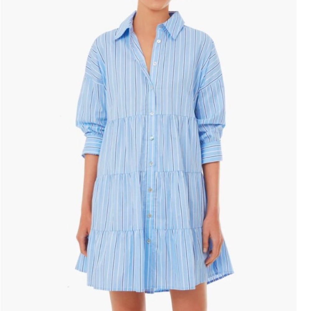 Tuckernuck Light Blue and White Striped Tiered Shirt Dress